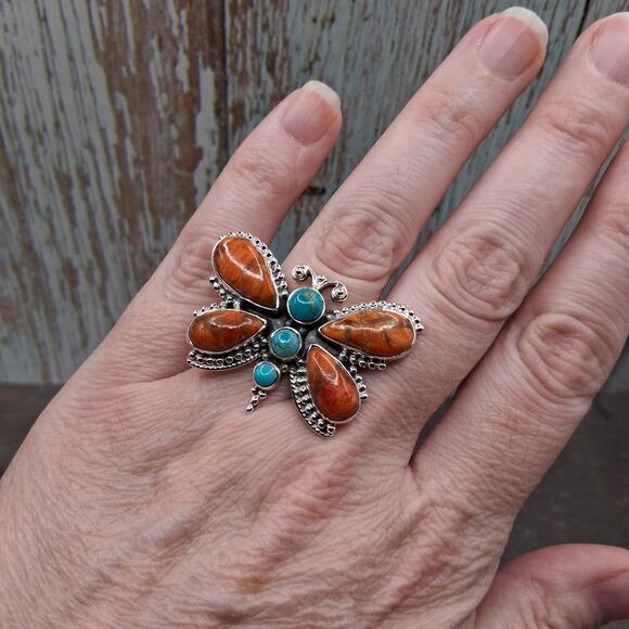 Southwestern Turquoise Spiny Oyster Ring Size 6-9 Butterfly Sterling Silver - Picture 6 of 10